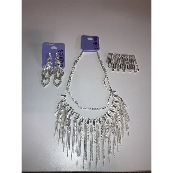 Claire's Beautiful Sparkly Crystal Formal Statement Necklace, Earrings & Hairpin - Picture 1 of 5